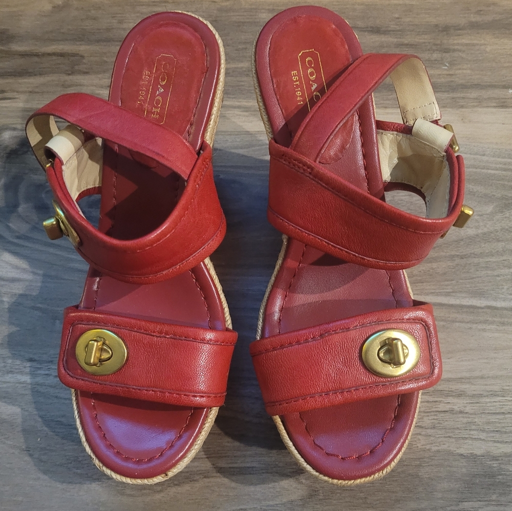 Coach Red Wedge Sandals with Gold Buckles. Size 7.5.